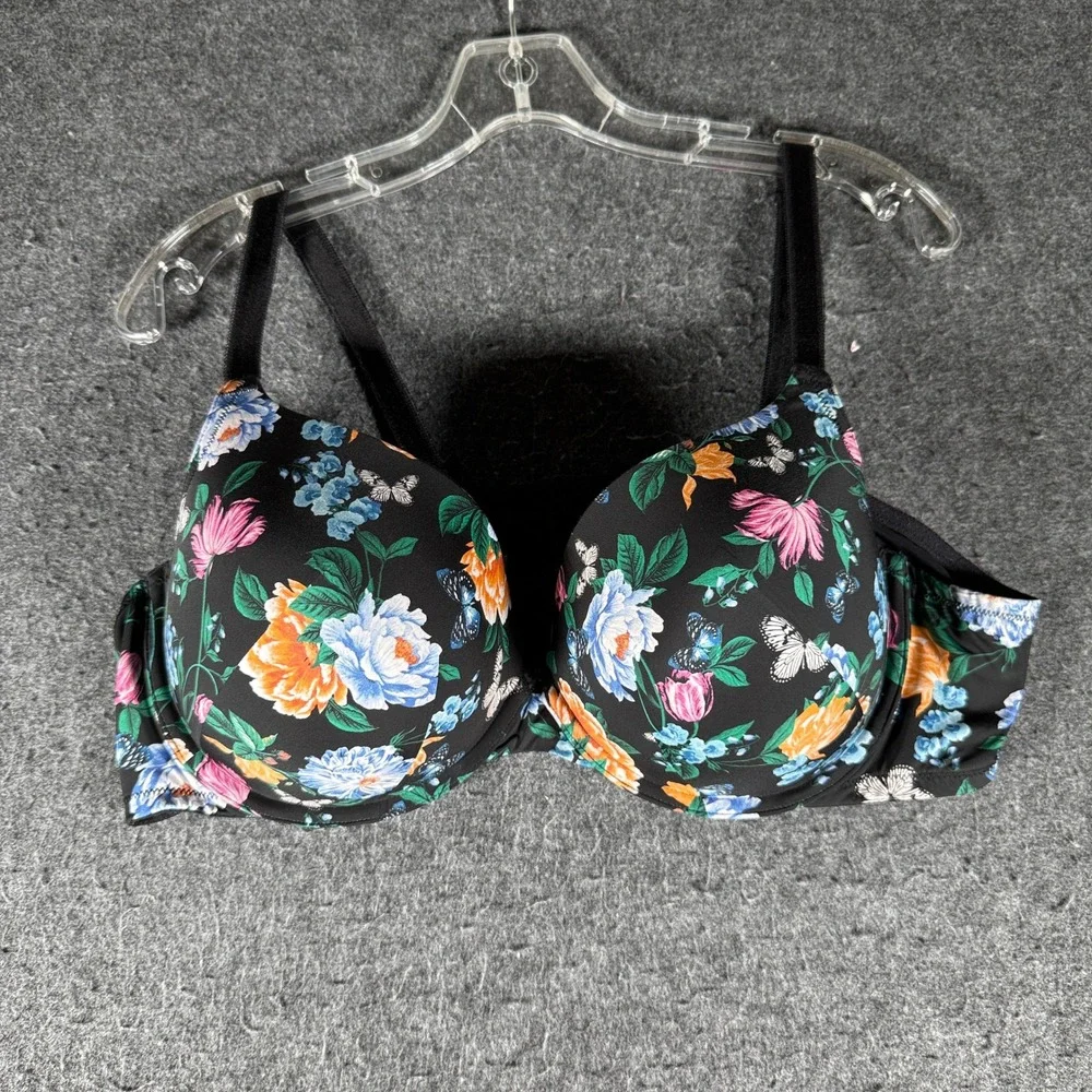 Torrid Womens 44C Black Floral Butterfly Print Underwire Push Up Bra 12732